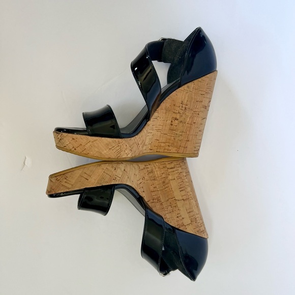 SOLD - Stuart Weizman black Patent Leather Cork Wedge Heel Sandal Oneliner - Picture 2 of 10